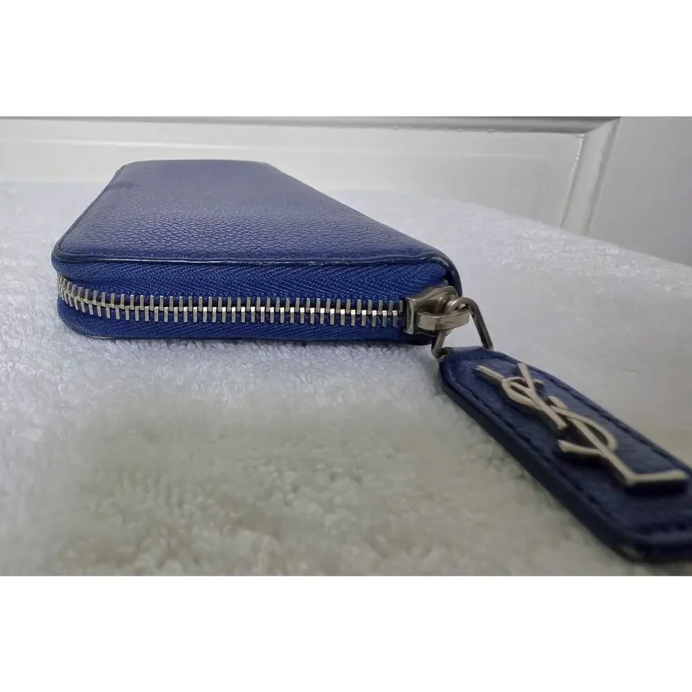 Saint Laurent YSL Women’s Blue Solid Leather Zip-Around Wallet w/ COA